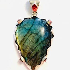 Sterling Silver Huge Labradorite And garnet Pendant